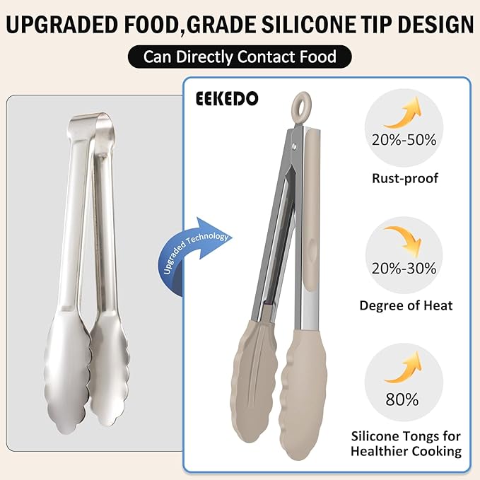 Tongs for Cooking, 600ºF High Heat-Resistant Stainless Steel Kitchen Tongs with Silicone Tips, Non Scratch, Locking Tong for BBQ Grilling Air Fryer Food Salads, Set of 2 (9" and 12") Beige