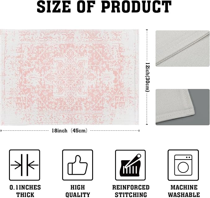 Gray Pink Boho Placemats Set of 4 Ethnic Bohemian Carpet Place Mats Washable Kitchen Dining Vintage Grey Geography Floral Linen Table Mats Stain Heat-Resistant for Home Party Indoor 12x18 in