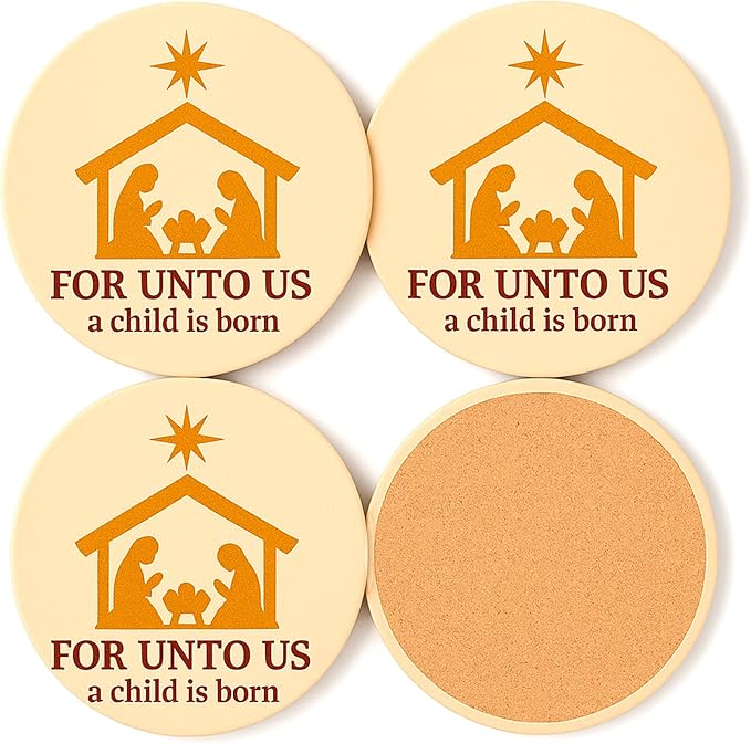 for Unto Us A Child is Born Nativity Scene Christmas Coasters Set of 4, Absorbent Ceramic with Non-Slip Cork Backing – Christian Religious Holiday Drink Coasters for Coffee Table, Home, Church Decor
