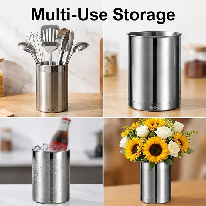 KSENDALO Jumbo Utensil Holder and Medium 6.6inch Utensil Crock Set for Countertop,Stainless Steel Utensil Caddy for Spoons, Silverware, and Spatulas for Kitchen, Silver