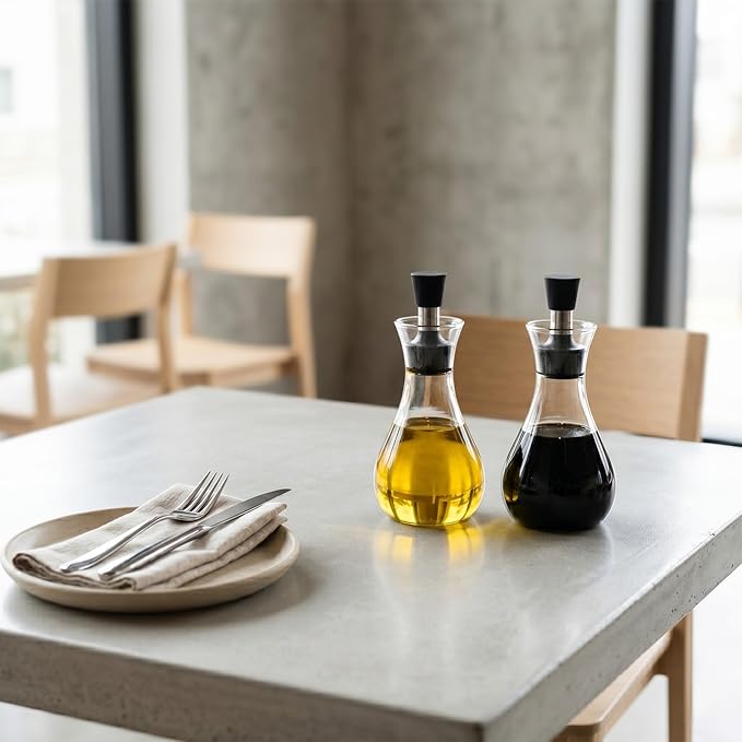 Restaurantware-Forma Professional 4 x 4 x 6 Inch Glass Oil Drizzler, 1 Borosilicate Glass Bottle Oil Dispenser - 8-Ounce Capacity, Stainless Steel Spout, Olive Dispenser, Silicone Cap, For Oils