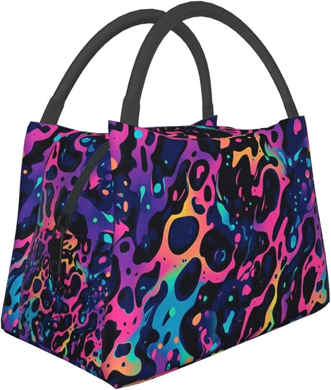 Neon Leopard Insulated Lunch Box for Kids Adults,Reusable Tote Bag with Colorful Abstract Art Pattern,Portable Lunchbox Handbag,Makeup Bags Organizer Gifts for Work Office Travel,11x6.3x6.7in