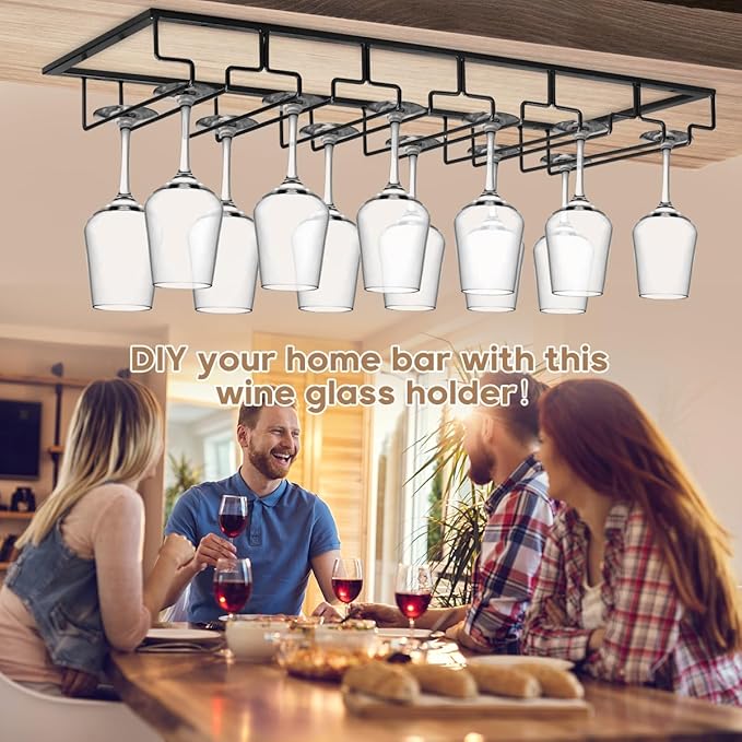 Xverycan Wine Glass Rack Under Cabinet, 6 Row Extreme Large Stemware Hanger, Metal Wine Goblet Holder, DIY Bar Glass Storage Rack for Bar Counter, Kitchen, Screws Included (Black)