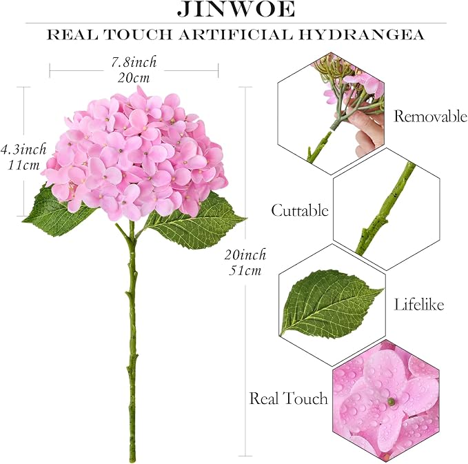 JINWOE Light Pink Hydrangea Artificial Flowers, 4Pcs 20" Real Touch Lifelike Latex Silk Faux Hydrangea Flowers, Artificial Hydrangeas Bouquet for Wedding Centerpieces Tables Party Home