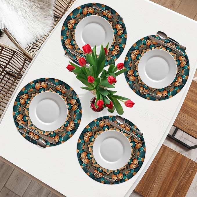 Round Placemats Set of 6, Ethnic Floral Mandala Flowers Pattern Woven Placemats Mats Non-Slip Heat Resistant Washable Table Mats Round Braided Place for Farmhouse Kitchen Dining Party Decor 15in