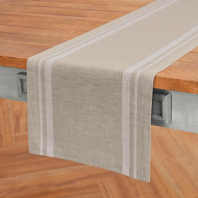 Solino Home Linen Table Runner 72 Inches Long - 100% Pure Linen White and Natural French Stripe Table Runner 14 x 72 Inch for Dining, Dresser, Spring, Summer