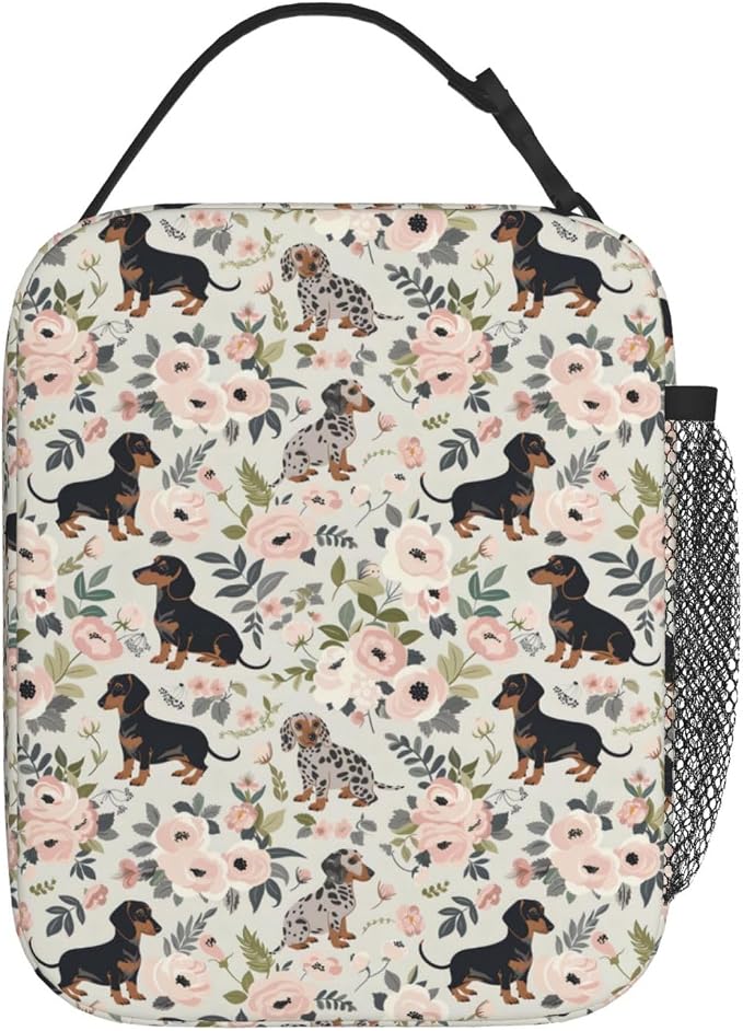 Reusable Dachshund Lunch Box for Kids Girls Boys Women Adult, Insulated Cute Dog Lunch Bag,Polyester Cooler Floral Handbags Case for School Picnic Work Travel Beach or Hiking