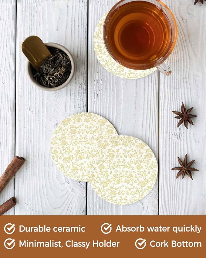 Drink Coasters Yellow Pastoral Flower Absorbent Stone Ceramic Coaster with Cork Back and NO Holder for Cups, Set of 4-Piece Farmhouse Floral Coasters for Drinks