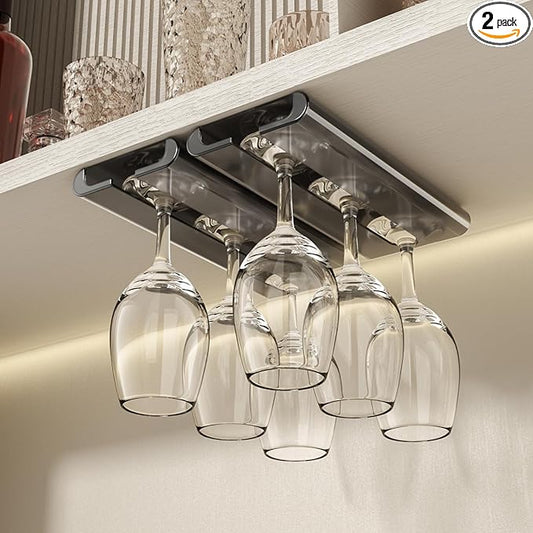 Wine Glass Holder - 2Pack Under Cabinet Rack, No Drilling Installation, Stemware Hanging Rack for Kitchen and Bar (Grey)