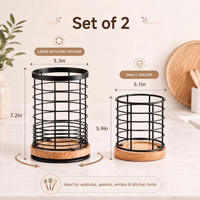 Domensi 360° Rotating Kitchen Utensil Holder Set of 2, Large & Small Bamboo Metal Utensil Crock for Countertop, Kitchen Organizer for Spatula, Spoon & Cooking Tools, Stable Base, 7.2" & 5.9"