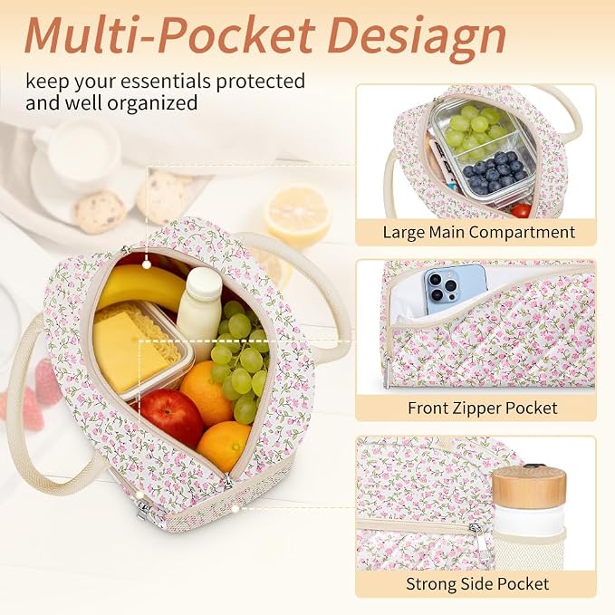 Coobiiya Lunch Box Lunch Bag for Women Men,Reusable Cute Lunch Pail bag,Leakproof,Insulated LunchBox Tote Compact 10L, Cooler Lunch Container for Work Travel Office Floral