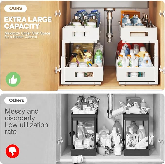 2 Packs 21IN Depth Under Sink Organizer, 2-Tier Pull Out Cabinet Organizer With Smooth Circular Rail, Large Capacity Metal Mesh Sliding Drawers For Bathroom& Kitchen Storage,Height Adjustable –White