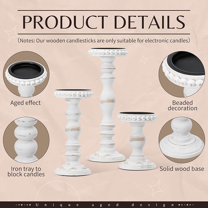 Mumufy 3 Pcs Candle Holders for Pillar Candles Rustic Farmhouse Home Decor Decorative Washed Beaded White Black Wood Candle Holder Country Style for Table Mantel Fireplace Wedding(White,Large)