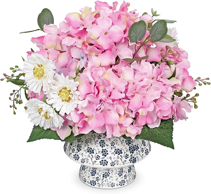 Briful Centerpiece for Dining Table with Faux Hydrangea, Artificial Pink Hydrangea Arrangement in Blue & White Vase, Dining Table Decor Farmhouse Coffee Table Decor, Fake Flowers in Vase Home Decor