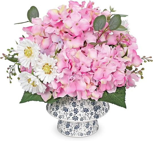 Briful Centerpiece for Dining Table with Faux Hydrangea, Artificial Pink Hydrangea Arrangement in Blue & White Vase, Dining Table Decor Farmhouse Coffee Table Decor, Fake Flowers in Vase Home Decor