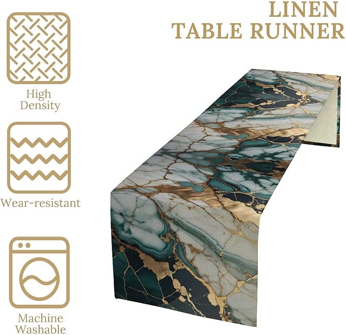 Marble Table Runner, Abstract Green and Gold Modern Luxury Texture Printed Linen Table Runners for Home Farmhouse Kitchen Dining Room Party Holiday Decor 13" W x 108" L