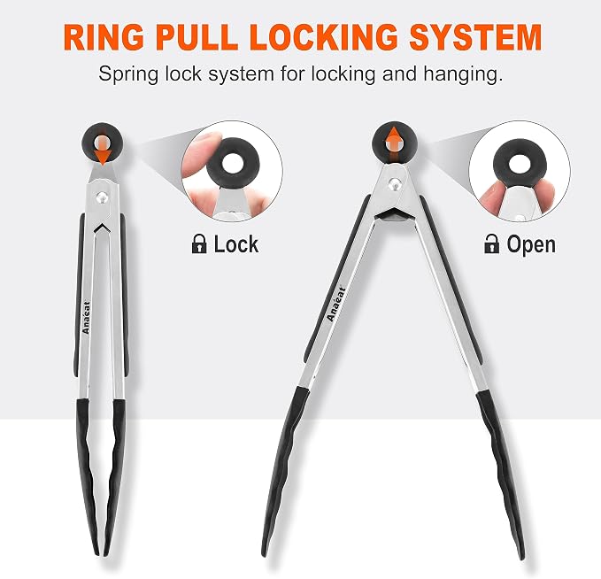 Anaeat 3 Pack 7" Mini Non-Stick Silicone Locking Tongs - Stainless Steel Kitchen Food Tong with Non-Slip Silicone Tips and Grip for Cooking, Baking and BBQ - Metal Tongs Heat Resistant up to 480°F