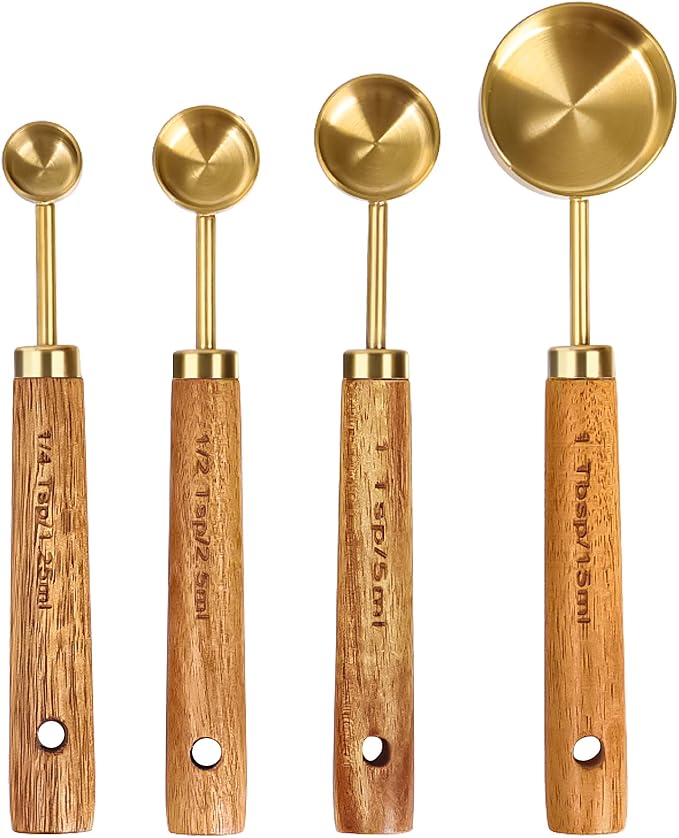 GuDoQi 8Pcs Gold Measuring Cups and Spoons Set, Wooden Handle, Premium Stainless Steel with Metric & US Measurements, Nesting for Dry/Liquid Kitchen/Food/Baking