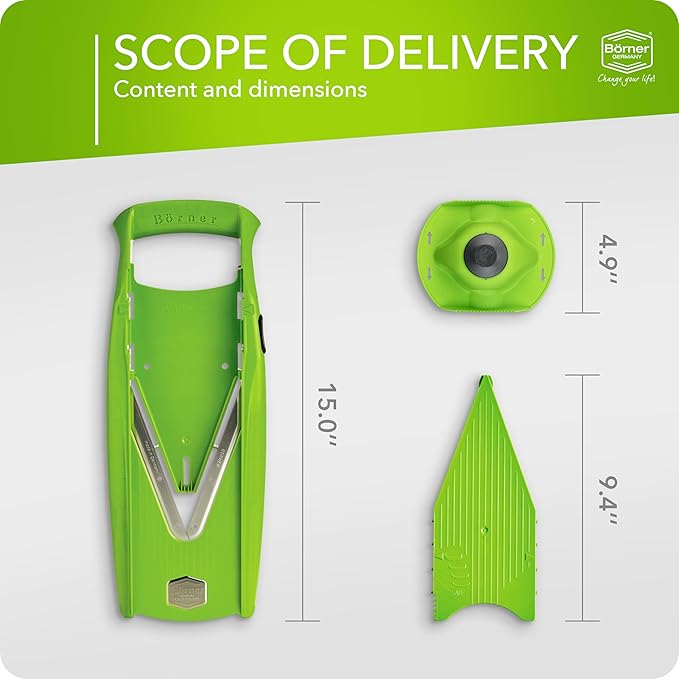 Börner Mandoline Slicer V5 (Basic Set) • Vegetable V-Slicer for Slices in 4 Thickness Settings • Stainless Steel V-Blade • Adjustable Kitchen Slicer for Vegetables & Fruits • Color: Green