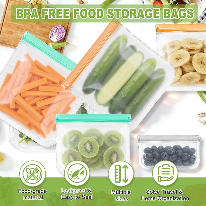 12 Pack Silicone Bags for Food Storage,Reusable Silicone Food Storage Bags,Freezer, Microwave & Dishwasher Safe,Reusable Freezer Food Bags, Leakproof-4 Gallon 4 Snack 4 Sandwich Bags,Blue