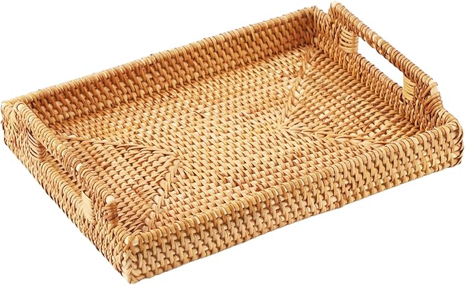 Rattan Serving Tray with Handles, 13.4 x 9.4 x 1.7 in Coffee Table Tray, Vintage Wicker Table Trays for Decor, Suitable for Kitchen, Living Room, or Breakfast in Bed
