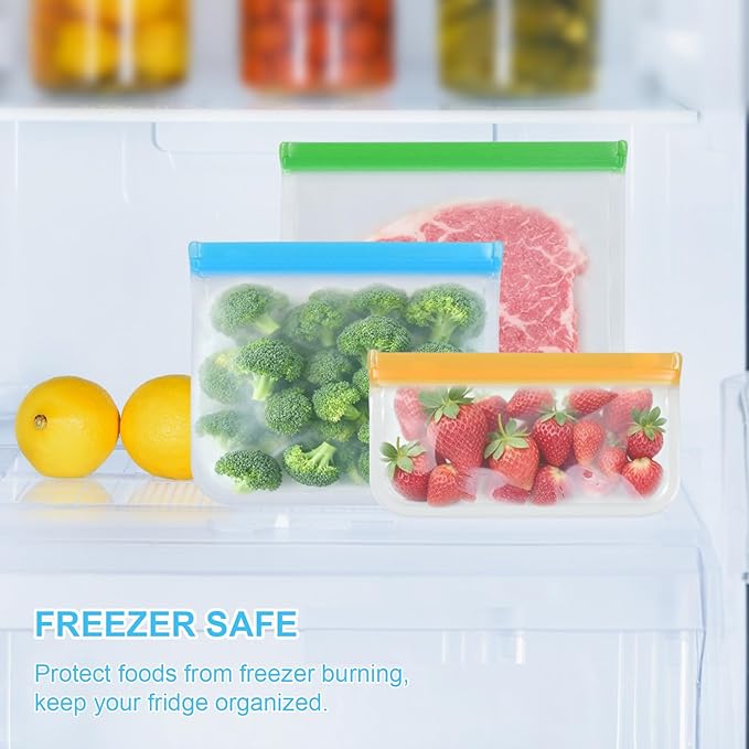 6 Pack Reusable Storage Bags, Thick Leakproof Freezer Bags, Food Storage Containers for Meat, Veggies, Sandwiches, Snacks, Travel, and Home Use(6Pcs-2 Small + 2 Medium + 2 Large)
