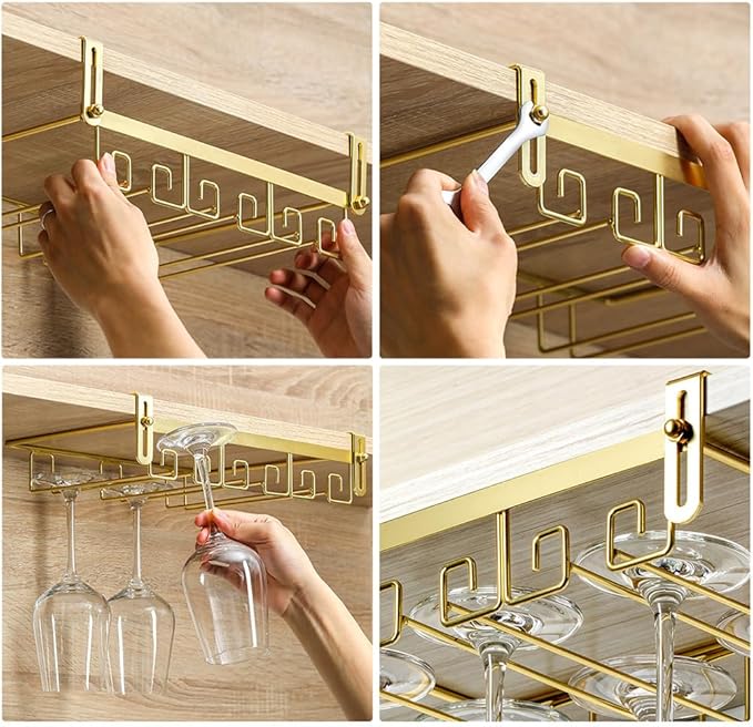 CAKERS Creative Wine Glass Holder|Under Cabinet Iron Art Stemware Rack|Hanging Wine Glass Drying Holder For Kitchen Bar Restaurant,Gold,3 Rows