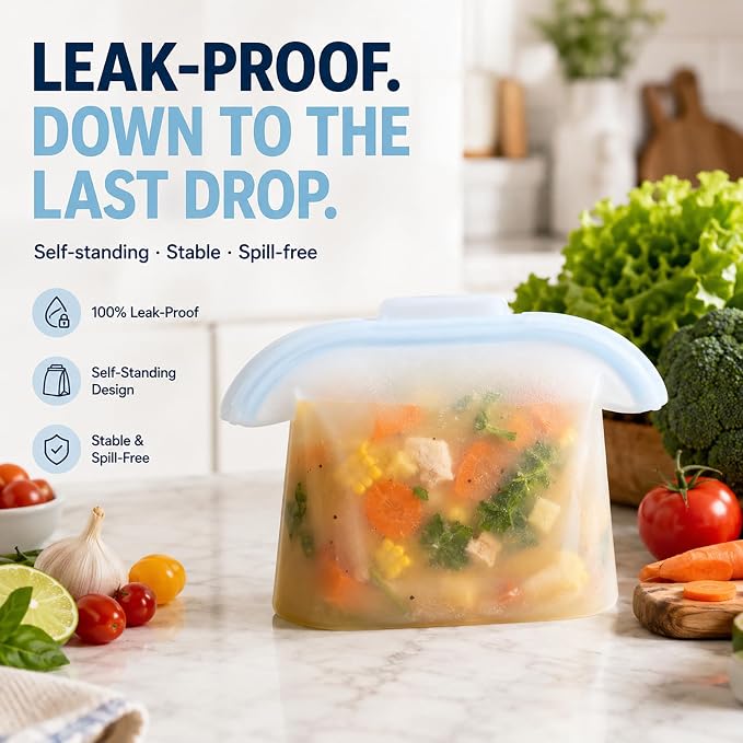 Silicone Food Storage Bags, Reusable, High-Temperature Resistant, Leak-Proof Upright Freezer Bags, Microwave and Dishwasher Safe，serene blue