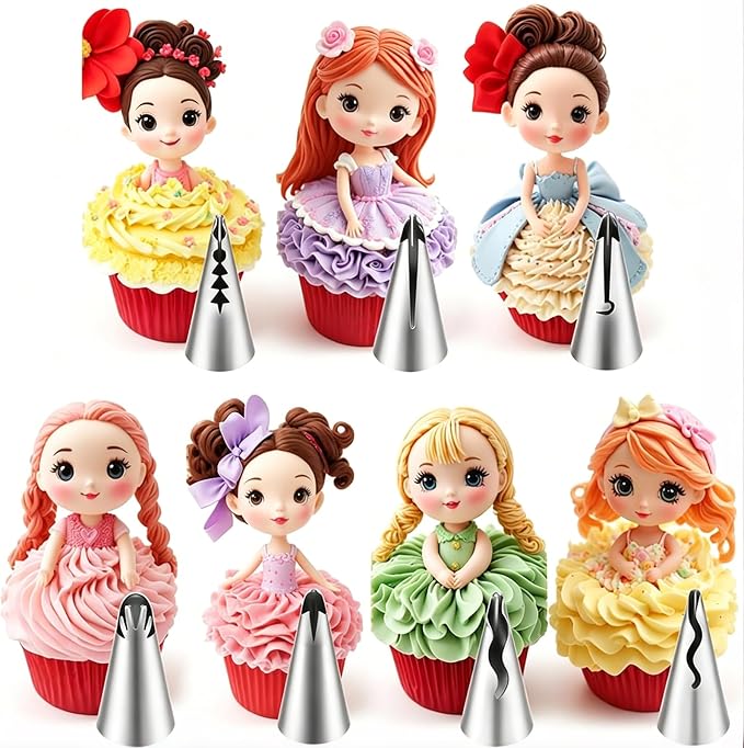 9 Pcs Ruffle Piping Tips Set, Reusable Silicone Piping Bags, Seamless Stainless Steel Cake Piping Tips, Pleated Skirt Piping Nozzles Set for Cakes, Cupcakes, Cookies, Cake Decorating, Baking Tools