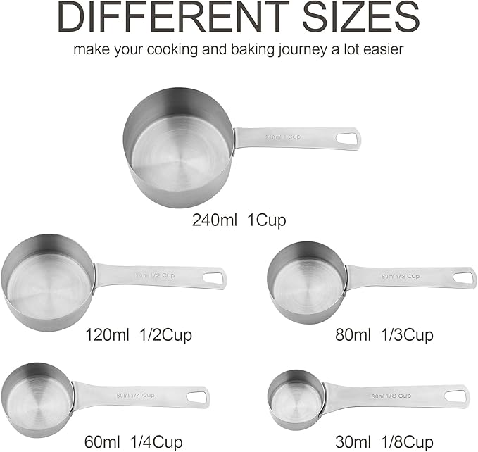 Stainless Steel Measuring Cups and Spoons Set, 18/8(304) Steel Material Heavy Duty 5 Measuring cups and 5 Measuring Spoons 1 Leveler and 2 rings Pack 13pcs Per set