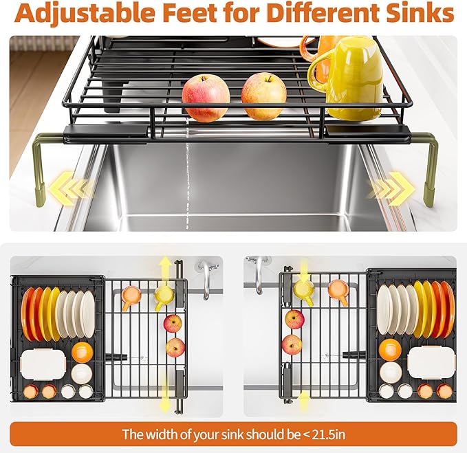 Urackify Dish Drying Rack - Extendable Dish Drainer, Large Dish Racks for Kitchen Counter, Rustproof Dish Strainer with Utensil Holder, 12.3"-20.5" L x 15" W, Pure Black