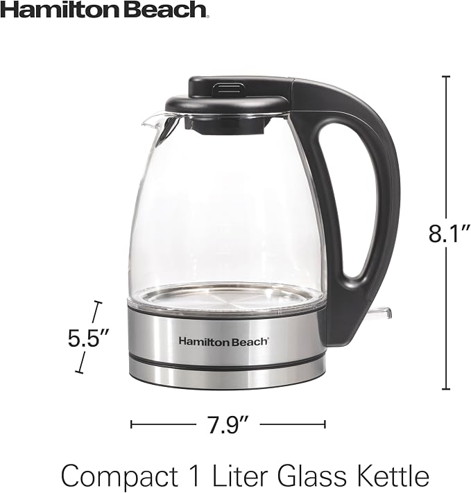 Hamilton Beach Electric Tea Kettle, Water Boiler & Heater, 1 Liter, 1500 Watts for Fast Boiling, BPA Free, Cordless Serving, Auto-Shutoff & Boil-Dry Protection, Blue LED, Glass (40930)