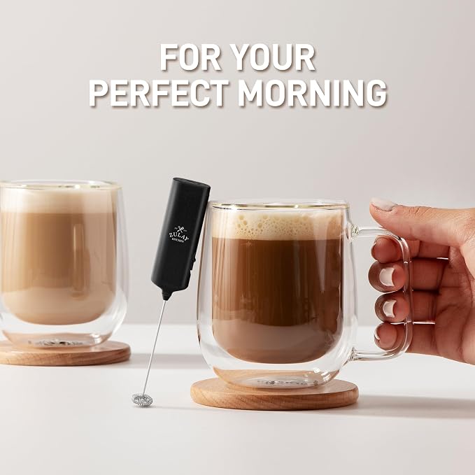 Zulay Kitchen Mini & Mighty Milk Frother Wand – Powerful Handheld Coffee Frother, Battery Operated Drink Mixer – Compact Pocket Size – Detachable Whisk for Latte, Matcha, Hot Chocolate – Black