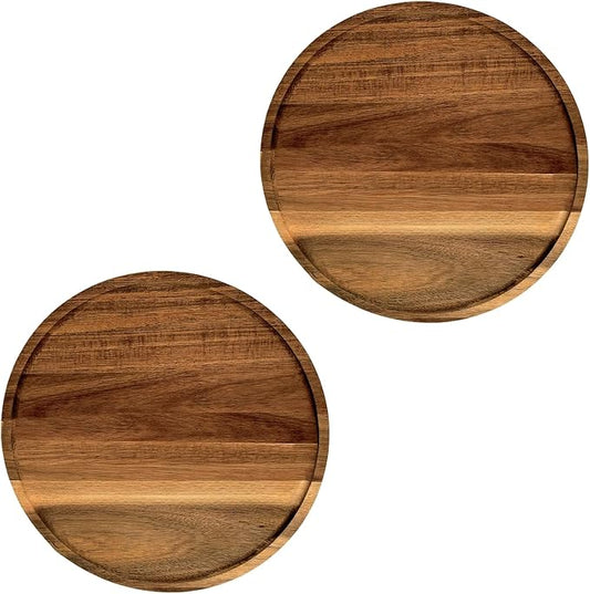 Set of 2 Round Wooden Decorative Serving Tray 11.8 Inch for Coffee Table and Home Decor, Round Wood Tray for Table Centerpiece, Small Candle Tray, Acacia, Appetizer Charcuterie Board