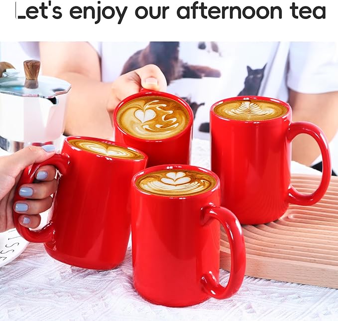 16 OZ Porcelain Coffee Mugs, Classic Blank Ceramic Cup with Large Handle for Tea Latte Cappuccino, Set of 4, Red