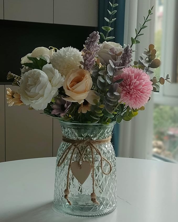 3 Pack Set Fake Flowers with Vase, Faux Peony Silk Flowers for Home Decor,Fake Flowers with Vase for Coffee Table Decor,Living Room Bathroom Plant Decor, Centerpiece Table Decorations