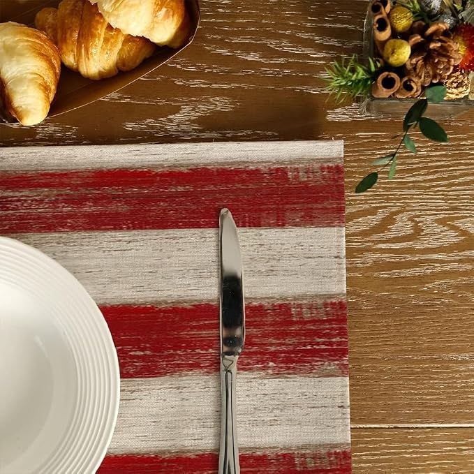 Bloss Patriotic 4th of July Placemats Set of 6, Memorial Day 12" x 18" Linen Table Mats for Party Kitchen Dining Decoration, Retro Vintage Independence Day Disposable Place Mats