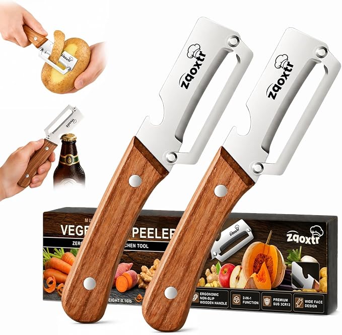 2-in-1 Multifunctional Vegetable Peeler with Bottle Opener, Wide Stainless Steel Blade and Non-Slip Wooden Handle, Kitchen Peeler for Potato, Apple, Pumpkin, Fruit and Vegetables 2pcs