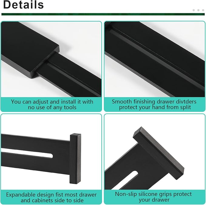 4 Pack Bamboo Drawer Dividers 2.6" High, Adjustable Length from 12 Inch to 17 Inch, Expandable Kitchen Drawer Organizer Separators for Clothes, Kitchen, Bedroom, Dresser, Office (Black)