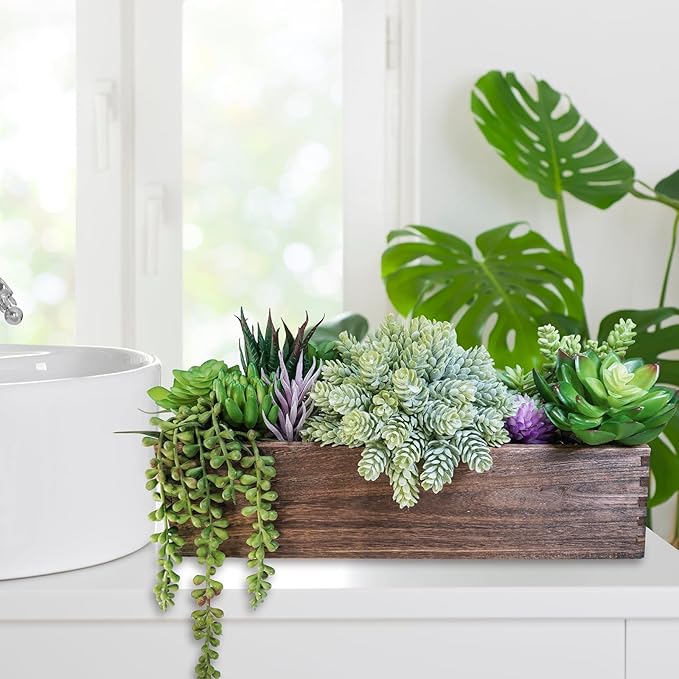 Winlyn 15" Assorted Artificial Succulent Arrangement Assorted Succulents in Rectangular Wooden Planter Faux Potted Plant for Farmhouse Table Centerpiece Windowsill Shelf Desk Mantel Greenery Décor