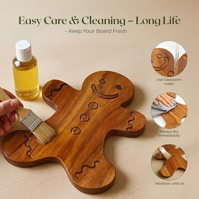 Aurah Gingerbread Shaped Acacia Wood Cutting Board for Kitchen Decorative - Wooden Charcuterie Serving Platter Snack, Fruit & Cheese - Housewarming, Wedding Gifts (13.5 x 10.5 Inch)