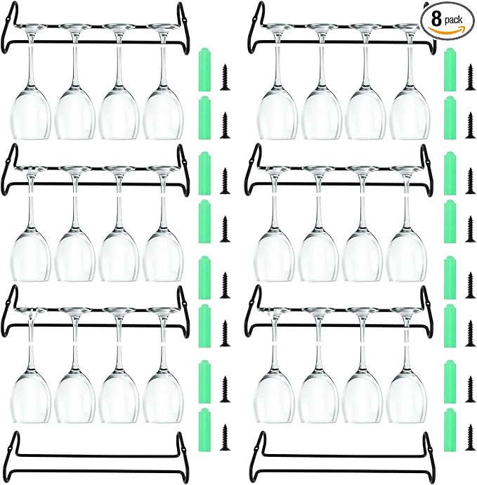 PINGEUI 8 Pack 10 Inch Under Cabinet Wine Glass Rack Shelf, Black Storage Stemware Holder, Metal Wine Glass Hanger for Kitchen and Bar