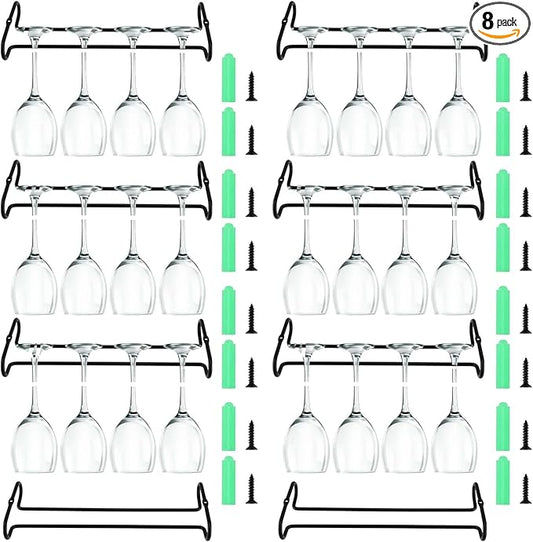 PINGEUI 8 Pack 10 Inch Under Cabinet Wine Glass Rack Shelf, Black Storage Stemware Holder, Metal Wine Glass Hanger for Kitchen and Bar
