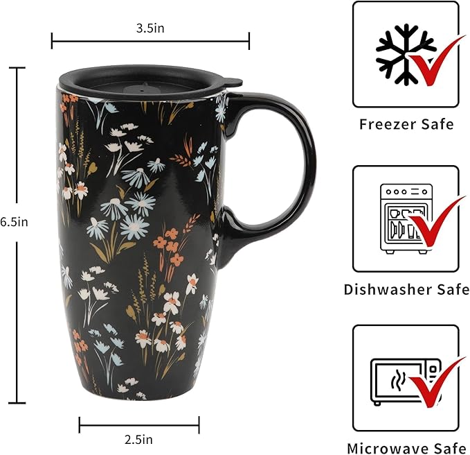 DUSVALLY Ceramic Coffee Mug Travel Cup with Lid and Handle, Reusable 17 Oz Ceramic Latte Teacup in Color Box, Suitable for Car Cup Holder, Black Flower