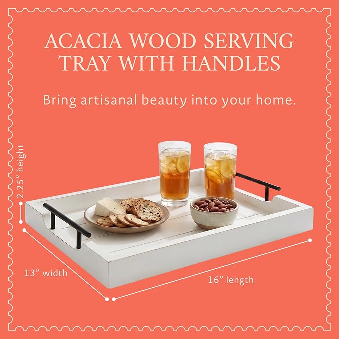 Mela Artisans 16 x 13 x 2.25 in Acacia Wood Serving Tray with Handles – Shabby White Rectangular Wooden Tray for Breakfast in Bed, Coffee Table Decor & Home Display