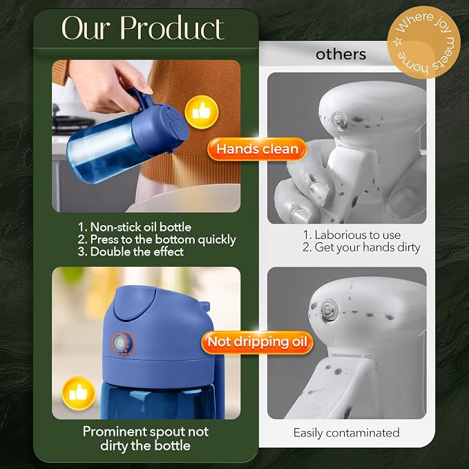 YARRAMATE 16oz/470ml Light-Blocking Dark Oil Sprayer for Cooking, 2 in 1 Olive Oil Dispenser Bottle for Kitchen, Premium Blue Glass Oil Bottle, Food-Grade Oil Mister for Air Fryer, BBQ (Navy)