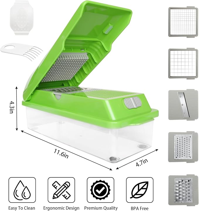LHS Professional Multifunctional Vegetable Chopper Pro Food Chopper with Food Storage Containers, Mandoline Slicer Onion Dicer Fruit Cutter, Kitchen Gadgets and Home Essentials(7 in 1, Green)