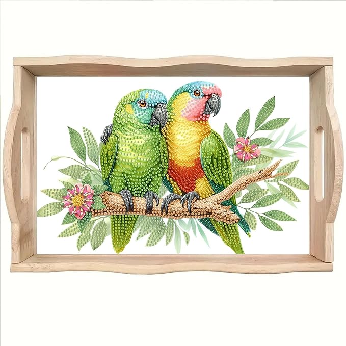 BAYUNOE DIY Diamond Serving Tray Rectangular Wooden Breakfast Tray with Handle Handmade Diamond Art Painting Spring Creative Dinner Plate Coffee Room Living Home Organizer-Parrot