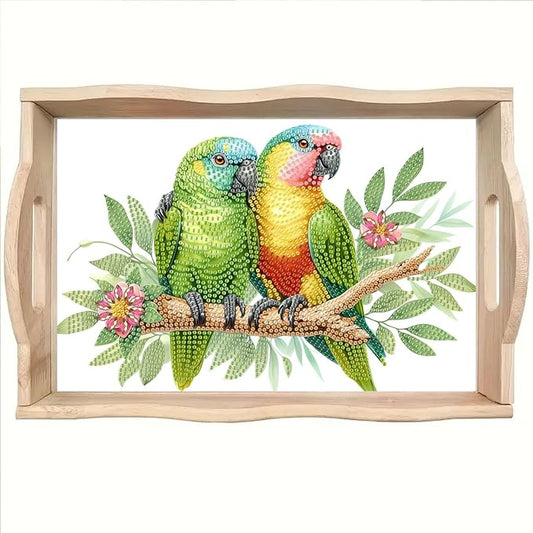 BAYUNOE DIY Diamond Serving Tray Rectangular Wooden Breakfast Tray with Handle Handmade Diamond Art Painting Spring Creative Dinner Plate Coffee Room Living Home Organizer-Parrot
