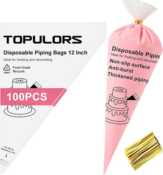 TOPULORS Disposable Piping Bags, 12"H 14" Full Size, 100PCS Pastry Bags with Twist Ties, Extra Thick Tear Resistant Non-Slip Tipless Icing Bags, Easy Squeeze for Cake Cookie Frosting Decoration